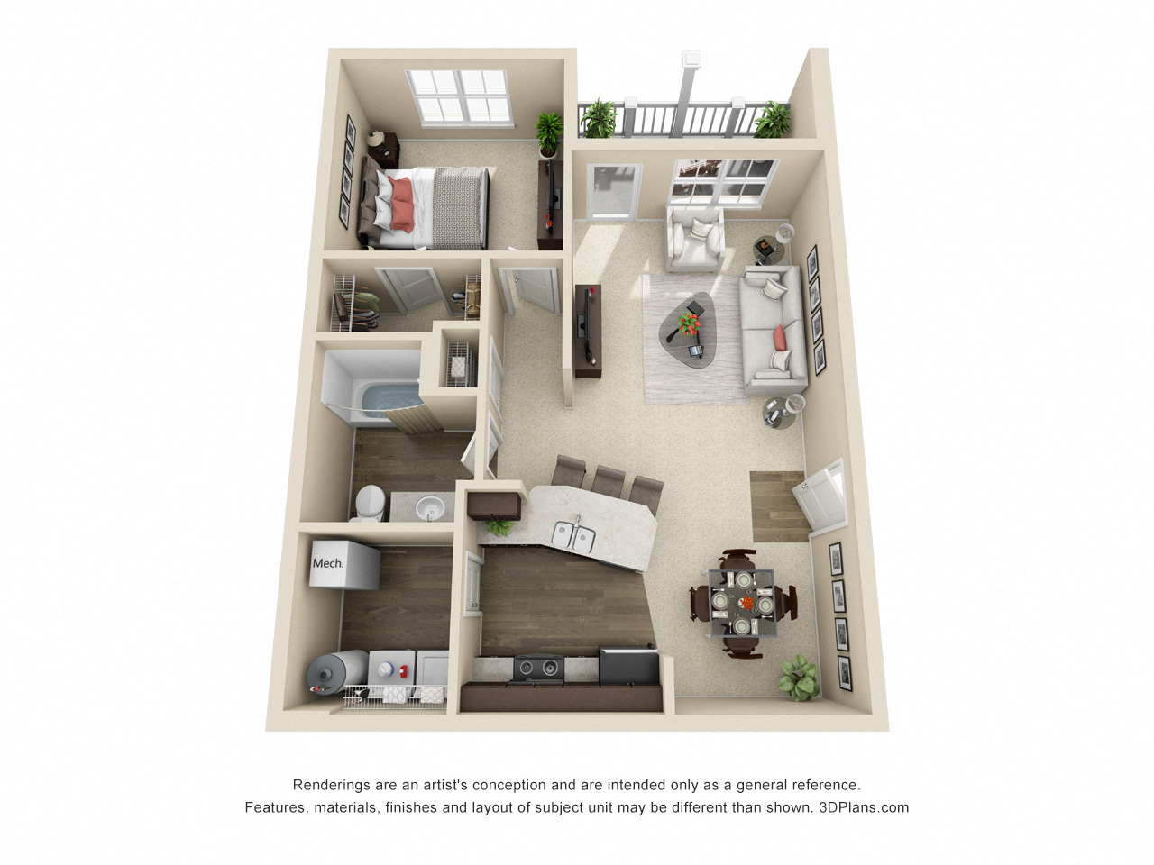 Floor plan for 1 bed, 1 bath, 800 sqft
